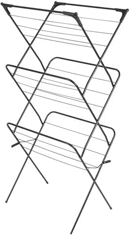URCHOICE 3 Tier Clothes Airer Drying Rack - Space-Saving Laundry Drying Airer - Indoor & Outdoor Home Storage Solution with Free 20 Pegs - Black