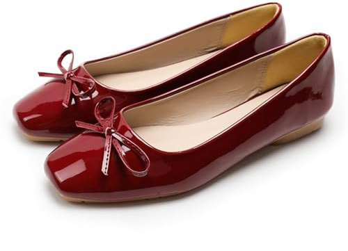 Dear Time Women's Casual Foldable Ballet Flats Square Toe Ballerina Flats Shoes Comfortable Burgundy Patent Leather Size 8.5
