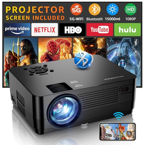 Projector with 5G WiFi and Bluetooth, Native 1080P Projector[Projector Screen Included], Full HD 18000LM Movie Projector, 100 Display Home Theater, Compatible with Phone/Laptop/TV Stick