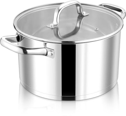 Joyfair Pentola da 27,5 cm, in acciaio inox, con coperchio in vetro, a 3 strati, in acciaio inox a induzione, per tutti i piani cottura, 7,6 l, per pasta, zuppa, stufati, sana e lavabile in