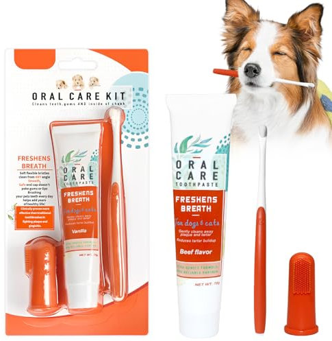 MEIEGOU Zahnpflege Hund Set,Hundezahnpasta Gegen Zahnstein,Zahnbürste für Hunde und Katzen,Hundezahnpasta Gegen Zahnstein,Hundezahnbürste und Fingerzahnbürste,Entfernt Plaque und Mundgeruch.