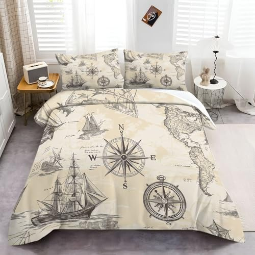 Juego de Funda Nórdica 260 × 220 cm Mapa Náutico Antiguo, Juego de Cama Estampado Suave Gris, Incluye 1 Funda Nórdica y 2 Fundas de Almohada 50 × 75 cm, Ropa de Cama Mullida de Invierno para Navidad