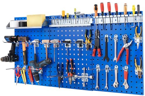 COSTWAY Kit de Organizador de Herramientas para Pared, Kit de Organización de Herramientas con 3 Paneles Perforados y 28 Accesorios para Colgar, Panel de Herramientas con Agujeros para Garaje (Azul)