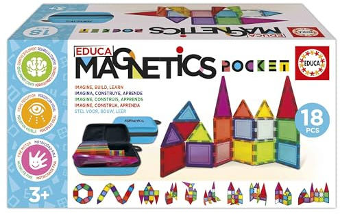 Educa - Magnetics | Estuche con 18 Bloques magnéticos. Juego Educativo de construcción 3D para niños. Incluye 2 Animales y 8 Tarjetas. Construye Figuras geométricas. A Partir de 3 años (20271)