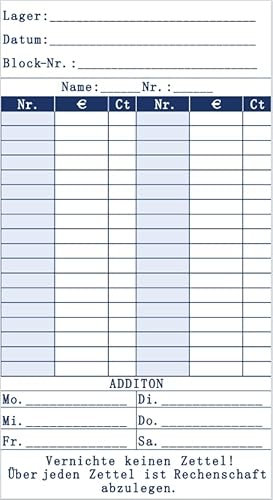 5 Stück Kassenblöcke 50 Blatt Quittungsblock mit Farbigem Durchschlag 5 Einseitig Additionsblatt Rechnung Rechnungsblock Kleinunternehmer Oben Geheftet Fortlaufend Nummeriert für Friseur Gastro