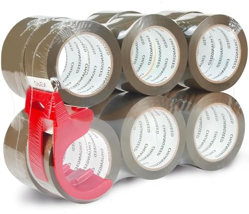 CHUANGSEED 12 rotoli di nastro adesivo marrone con dispenser per imballaggio, 48 mm x 66 m, colore marrone con rullo in plastica, nastro adesivo per imballaggio di pacchi e scatole di spedizione