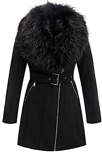 Geschallino Giacca Lunga da Donna in Finta Pelle Scamosciata Parka Foderato in Inverno Caldo Pile con Collo in Pelliccia Staccabile FF206 Nero M