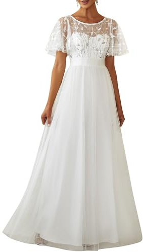Ever-Pretty Abito da Sposa Stile Impero Maniche Corte Linea ad A Elegante Scollo a Rotondo Donna Tulle Bianca 36