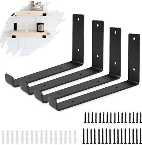 Schwarze Regalhalterung, 4 Stück Heavy Duty Regalhalterungen Industrielle Regalhalterung L-Form Rechtwinklige Eckhalterung für Wandregal mit passender Schraube und Ankern (5.5 x 8 Zoll)