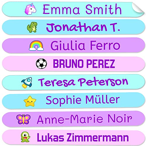 50 Pegatinas Personalizadas con Nombre para material escolar. Etiquetas adhesivas mini de colores. Vinilo adhesivo identificativo impermeable para bolis y lápices. Tamaño 4,6 x 0,6 cm