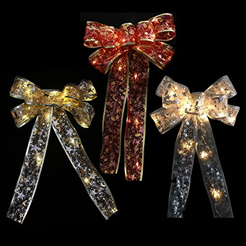 3 Pièces Arcs De Noël,Ornements D'arbre De Noël,Cadeaux De Guirlande Noël,Deco Papillon,Arbre De Noël Bowknot Décoration Avec Guirlandes Lumineuses à Led,pour Décoration De Suspendues Nœud Noël Déco