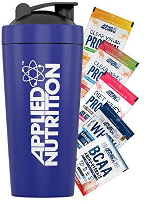 Applied Nutrition Metall-Protein-Shaker – Sport Supplements Edelstahl-Shaker, Metall-Shaker-Flasche, langlebig und leicht (750 ml) + 5 Probenbündel