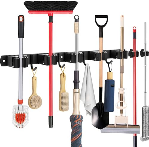 zzolee Accroche Balai Mural, Porte Balais Mural Acier Inoxydable, Porte Outils Mural Avec 5 Supports et 4 Crochets plus 2 Emplacements Indépendants pour Maison, Cuisine, Salle de Bain, Garage, Jardin