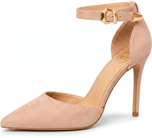 Golden Beads Women’s Ankle Strap Pointed Toe High Heels Party Pumps Court Shoes Stiletto heel Wedding Bridal Shoes (Nude Suede, 4)
