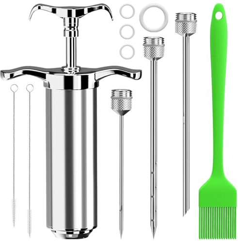 AZOMKER Siringa per Carne 60 ml,Siringa Alimentare per Carne,Injection BBQ,Siringa per Marinata in Acciaio Inox,Iniettore di condimento per Maiale,Manzo,Pollo,Tacchino,pollame,Pesce