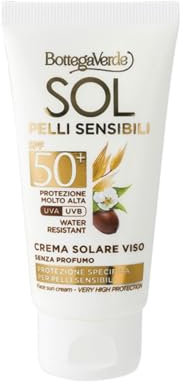 Bottega Verde - SOL Pelli Sensibili, Crema Solare Viso, 50ml, SPF 50+, Arricchita con Olio di Jojoba e Latte di Avena, Idratante e Confortevole, Senza Profumo, per Pelli Sensibili ed Irritabili