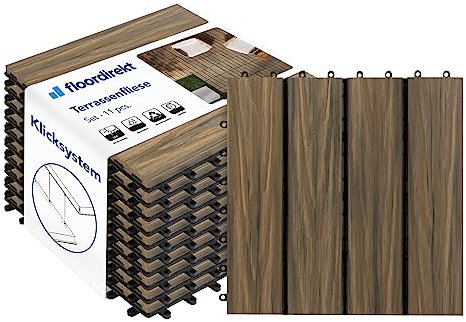 Floordirekt Terrassenfliesen mit Klicksystem für Außen, Balkon & Terrassenboden wetterfest mit Drainagefunktion - WPC Klickfliesen Terrassenplatten Balkonfliesen 30x30cm, 11 Stück = 1m² Mix Teak