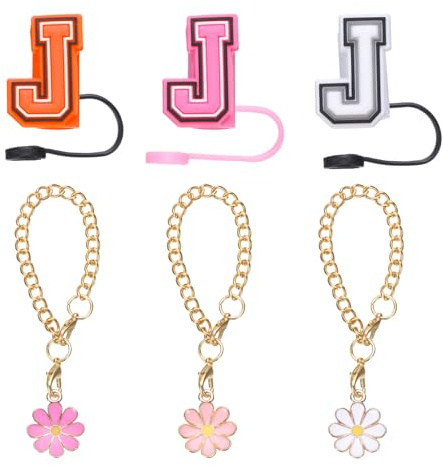 sourcing map 3pcs Flower Charm Cup Accessories with 3pcs 10mm Letter J Straw Cover Cap Capital Letter and Silicone Leak Stopper for Name ID Personalized Charm Tumbler Cup, Orange/White/Red