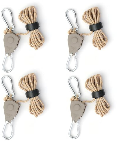 4 Stück Verstellbarer Seil Ratsche, Abspannseile mit Seilspanner, Alluring Ratchet Hanger, Reflektierend Leichte Abspannleine Zeltschnur mit Haken für Campingzelte, Markisen (Braun, 4mm*4M)
