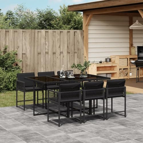 Keyroto Rattan Sitzgruppe für 6 Personen, Gartenmöbel Polyrattan, Gartentisch mit 6 Stühlen & Kissen, Gartengarnitur Sitzgarnitur, Essgruppe Outdoor Terrasse Schwarz Type-29