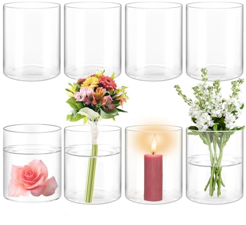 APACALI 8 stycken glasvascylinder, 8,5 x 10 cm glasvaser, blomvas cylindrisk, klar glasvas rund smal vas klar, glas blomvas för orkidéer, rosor, tulpaner, pampasgräs, bordsdekoration, ljus