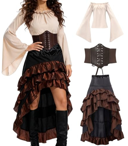 3 st medeltida piratdräkt set medeltida klänning damer med pirater korsett topp, kjol, karnevalkostym för halloween, karneval, cosplay