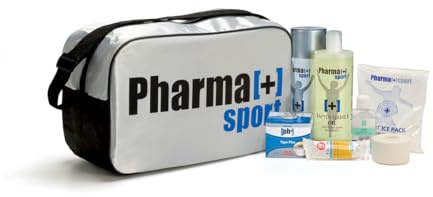 PHARMA+SPORT Borsa Medica Sportiva Completa per Calcio e Altri Sport, ART.9301, Tracolla, Contenuto di Primo Soccorso, Nylon Lavabile, Argento/Nero (Completa)