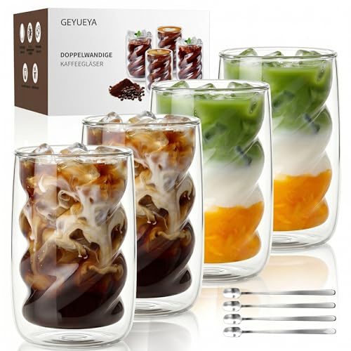 GEYUEYA Home Latte Macchiato Glasses Set of 4 350 ml Thermal Glass Double-Walled Coffee Glasses with Spoon