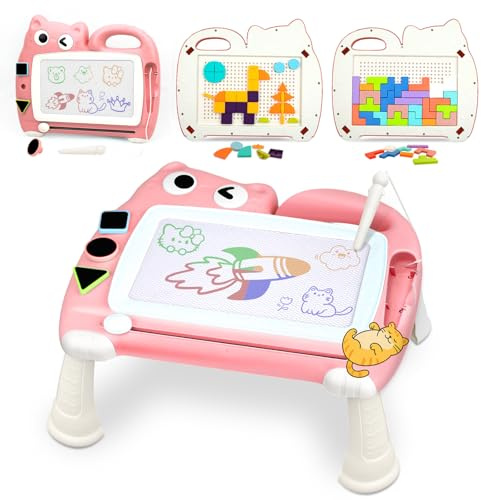 Riswistoy Magnetmaltafel Kinder 8.5 Inch, Zaubermaltafel Tragbar mit 4 Farbzonen, Zaubertafel ohne Staub für Kinder 1-6 Jahre, Mit Magnetstift & Bauklötze(Rosa)