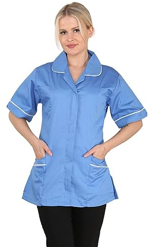 Womens Tunic Shirt Ladies Healthcare Doctor Nurse Uniform Beauty Salon Vet Workwear Medical Tunic Top Short Sleeve Zip Front Blouse Carer Clinic Hospital Revere Collar Twill Hospital Blue 12