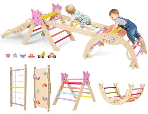 FANTASK Arco de Escalada 7 en 1 para Interior, Juego de 4 Unidades con tobogán, Arco de Escalada, Red, Incluye rampa de Doble Cara, Juego de Bloques de construcción y 2 Coches, Unicornio triángulo