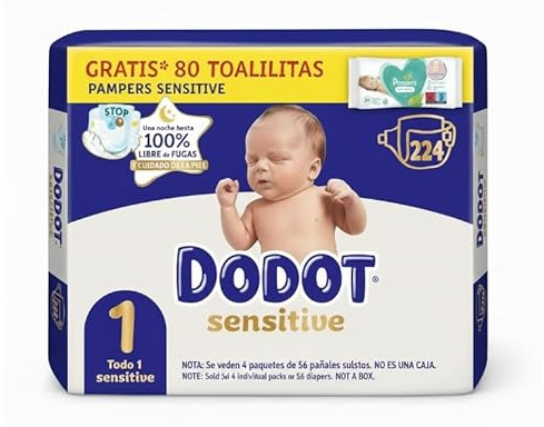Dodot Sensitive T1 (224 pañales) - Formato de 4 paquetes de 56 uds - Incluye Regalo Toallitas Pampers 80 unidades