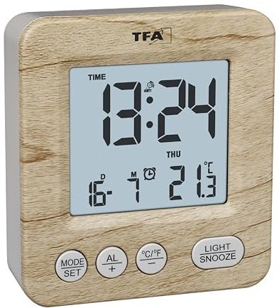 TFA Dostmann Reloj Despertador Digital con Aspecto de Madera, 60.2567.08, Radio, Reloj Despertador, Viaje, día de la Semana y Fecha, Alarma, con Zonas horarias, Funciona con Pilas, Madera, Color
