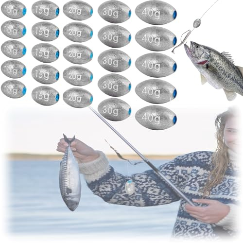 Seutmrou 25 Piezas Kit de Plomos Pesca, Plomos de Pesca Surfcasting, 5 Tailles 10g/15g/20g/30g/40g Ovalada Noyau en Plastique Poids de Pêche Kit para Pescas al Aire Libre, Barco en Alta mar