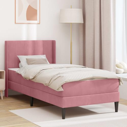 Holepyr Sängram med madrass och sänggavel rosa 100 x 200 cm sammetsskydd, inklusive ribbotten, perfekt för sovrum, gästrum och semesterlägenhet, bekväm vändmadrass med överdrag