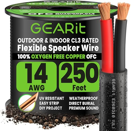 GearIT Cable de altavoz para exteriores OFC 2 x 2,5 mm ≤ (76,2 metros – negro) cobre sin oxígeno – Cable de audio de alta fidelidad para entierro directo en tierra/en pared/clasificación CL3 CL2/2