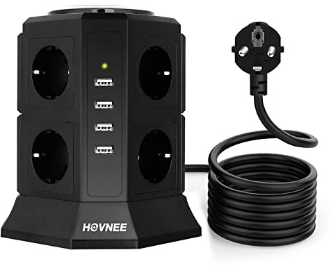 Multipresa Verticale, HOVNEE Torretta Multipresa Ciabatta 8 Prese Con 4 Slot USB 2500W 10A 6,56ft Cavo per Smart Phone, Tablet, Laptop, Fotocamere Digitali
