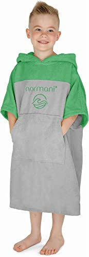normani Kinder Badeponcho - Badehandtuch aus 100% Bio-Baumwolle - Surfer Poncho mit Kapuze für Jungen und Mädchen 0-13 Jahren Farbe Froschgrün Größe 6-9 Jahre