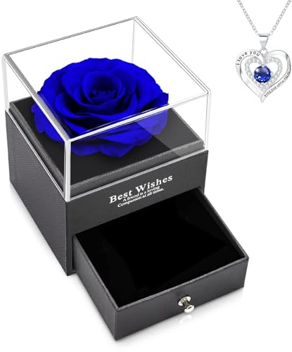 NEWUPZSI Rosa Eterna azul Regalos para Mama Caja Rosa Real Preservada Navidad con Collar para Madres Cumpleaños Regalos para el Día de la Madre Regalo para Mamá,Mejor Madre del Mundo