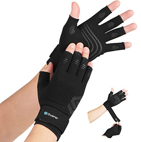 Duerer Guanti a compressione per artrite con cinghia, uomo donna per RSI, tunnel carpale, reumatismi, tendinite, dolore alle mani, supporto mani guanti senza dita per computer (Nero, M)