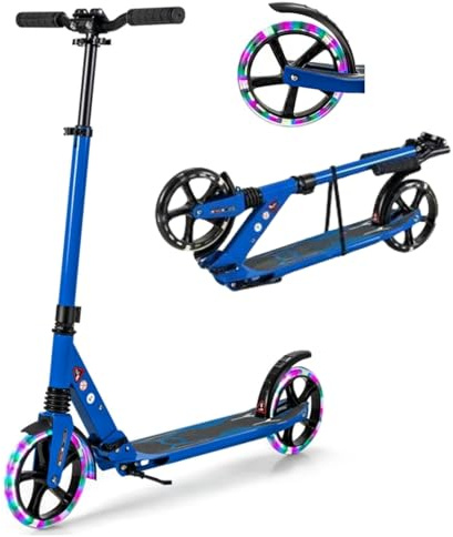 GYMAX Foldable Kick Scooter, Height Adjustable City with Light Up Wheels, Shock-Absorbing System, Non-Slip Deck & Rear Brake, Lightweight Scooters Kids Adults and Teens (Blue), 93 x 14 x 90/98/106cm
