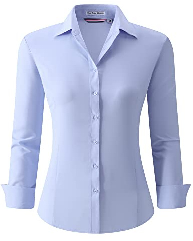 Alex Vando Camisas de vestir para mujer, sin arrugas, ajuste regular, manga larga, elástica, para trabajo, Azul sin arrugas, M