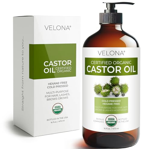 Velona USDA Certified Organic Castor Oil – 16 fl oz in Glass Bottle | Cold-Pressed, Hexane-Free, USP Grade | Promotes Hair Growth, Eyelash & Eyebrow Enhancement | Bottled in USA
