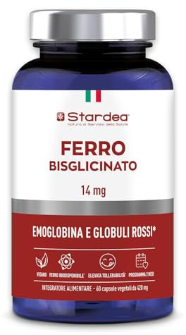 STARDEA FERRO BISGLICINATO 14 MG | 60 CAPSULE VEGETALI | Integratore di Ferro bisglicinato | Energia e globuli rossi | Ferro 14mg + vitamine B | biodisponibilità e tollerabilità ottimale | Senza gluti