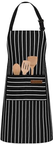 JMOOT Black Chef Kitchen Apron, Adjustable Chefs Cooking Apron with 2 Pockets Women Men Aprons for Cooking Home Kitchen Restaurant Coffee House