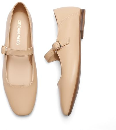 DREAM PAIRS Ballerine Mary Jane da Donna con Cinturino Regolabile con Fibbia, Fodera Morbida, Punta Quadrata per Ufficio e Tempo Libero,Size 37,Nudo,DWUMFA2520