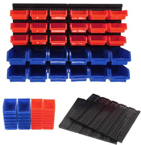 CROWNSHOP 32 PCS Wall Mounted Storage Bins Kit 64 * 41cm Garage Boxes Plastic Rack Parts Organiser Utility Kit With Stackable Boxes for Garage Workshop (Red+Blue)