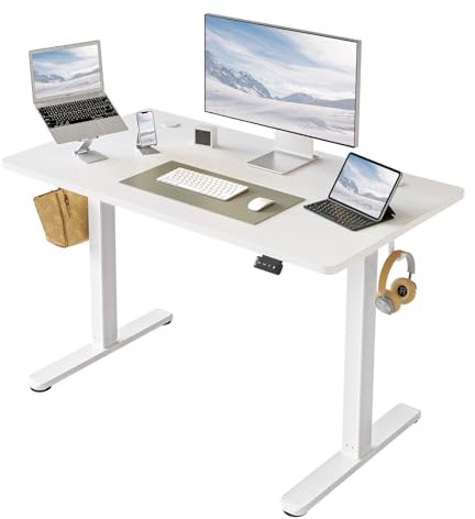 FEZIBO Höhenverstellbarer Schreibtisch mit USB-A und USB-C-Ladeanschlüssen, 100 x 60 cm Steh-Sitz Tisch, Schreibtisch Höhenverstellbar Elektrisch, Ergonomischer Computertisch Homeoffice, Weiß