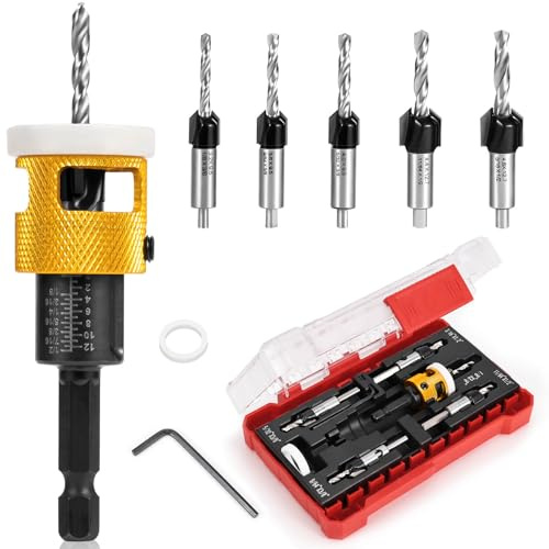 5PCS Countersink Drill Bit Set, Low Friction Depth Stop, 1/8 9/64 5/32 Drill + 3/8” 82° Counter-Bore, 11/64 3/16 Drill + 1/2 82° Counter-Bore, 1/4 Hex Shank, for Woodworking, with Storage Box