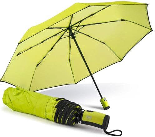 PERLETTI Paraguas Plegable Mujer Antiviento - Paraguas Compacto con Abertura y Cierre Automático - Mini Paraguas Azul Resistente Cortaviento de Bolso y Viaje Mujeres - Diámetro 98 cm (Verde Fluo)